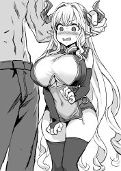 Rule 34 | 10s, 1boy, 1girl, @ @, asanagi, blush, breasts, center opening, embarrassed, granblue fantasy, greyscale, highres, horn grab, horns, large breasts, long hair, looking down, mona (shingeki no bahamut), monochrome, pointy ears, razia, shortstack, simple background, size difference, sweatdrop, topless male, underboob, very long hair, wavy mouth, white background