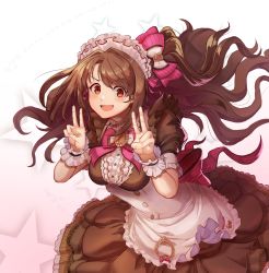 Rule 34 | 1girl, absurdres, alternate costume, bad id, bad pixiv id, blush, brown dress, brown eyes, brown hair, corset, double v, dress, enmaided, highres, idolmaster, idolmaster cinderella girls, j3men, long hair, looking at viewer, maid, maid headdress, open mouth, puffy short sleeves, puffy sleeves, shimamura uzuki, short sleeves, smile, solo, star (symbol), starry background, v, wrist cuffs