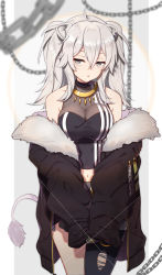 Rule 34 | 1girl, ahoge, animal ears, bare shoulders, black coat, black thighhighs, breasts, chain, character name, cleavage, coat, commentary request, fur-trimmed coat, fur trim, glint, grey eyes, grey hair, gun, hair between eyes, highres, hololive, large breasts, lion ears, lion tail, looking at viewer, navel, off shoulder, parted lips, see-through, see-through cleavage, shishiro botan, shishiro botan (1st costume), single thighhigh, sleeves past fingers, sleeves past wrists, solo, sparkle, tail, thighhighs, torn clothes, torn thighhighs, virtual youtuber, weapon, white background, yuuzuki (re&#039;ef)