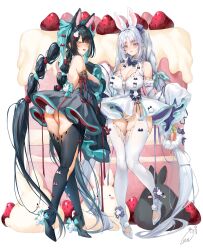 Rule 34 | 2girls, animal ears, ass, bare shoulders, black thighhighs, blush, braid, breasts, cake, carrot, cleavage, commentary request, detached sleeves, dress, food, fruit, full body, green dress, grey eyes, grey hair, highres, large breasts, long hair, long sleeves, looking at viewer, multiple girls, obiwan, original, panties, parted bangs, parted lips, rabbit ears, rabbit girl, rabbit tail, signature, sleeves past fingers, sleeves past wrists, smile, standing, strawberry, tail, thighhighs, thighs, twin braids, twintails, underwear, weisuoxin, white dress, white panties, white thighhighs