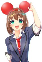 Rule 34 | 1girl, advantiar, animal ears, arm up, blush, brown hair, chinese zodiac, fake animal ears, female focus, green eyes, headband, highres, looking at viewer, mouse ears, necktie, new year, noumin, open mouth, short hair, solo, upper body, year of the rat