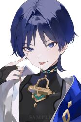 Rule 34 | 1boy, absurdres, akanbe, black gloves, blue eyes, blue hair, blue vest, blunt ends, eyelid pull, eyeliner, eyeshadow, fingerless gloves, genshin impact, gloves, gold, hair intakes, highres, ike 0910, jewelry, looking at viewer, makeup, male focus, mandarin collar, open clothes, open vest, pendant, portrait, red eyeliner, red eyeshadow, scaramouche (genshin impact), short hair, simple background, smirk, solo, tongue, tongue out, vest, wanderer (genshin impact), white background, white vest