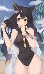 Rule 34 | 1girl, animal ears, bags under eyes, beach, black hair, black one-piece swimsuit, blue sky, blush, braid, closed mouth, clothing cutout, cloud, commentary request, day, erune, gluteal fold, granblue fantasy, hair between eyes, highres, long hair, looking at viewer, nier (granblue fantasy), nier (lover by the lily lake) (granblue fantasy), ocean, official alternate costume, one-piece swimsuit, outdoors, red eyes, sand, sky, solo, swimsuit, water, yotsuba ichinose