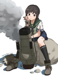 Rule 34 | 1girl, black eyes, black hair, blue sailor collar, commentary request, fubuki (kancolle), highres, kantai collection, low ponytail, machinery, medium hair, ponytail, rock, sailor collar, school uniform, serafuku, short ponytail, sidelocks, simple background, sitting, smoke, solo, torn clothes, torn socks, umibudou, white background