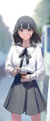 Rule 34 | 1girl, :o, absurdres, black hair, black nails, black ribbon, black skirt, blunt bangs, blurry, blurry background, brown eyes, coffee cup, cup, day, depth of field, disposable cup, earrings, facial mark, frilled shirt collar, frills, high-waist skirt, highres, holding, holding cup, jewelry, long sleeves, looking at viewer, mac star, nail polish, neck ribbon, original, outdoors, parted lips, ribbon, short hair, skirt, solo, standing, star (symbol), stud earrings