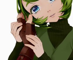 Rule 34 | 1girl, blue eyes, colored eyelashes, face, gloves, green hair, hair intakes, holding hands, head tilt, looking at viewer, nintendo, otton, parted lips, pointy ears, pov, ribbed sweater, saria (zelda), short hair, simple background, solo focus, sweater, tears, the legend of zelda, the legend of zelda: ocarina of time, turtleneck, turtleneck sweater, white background