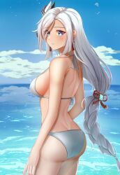 Rule 34 | 1girl, ass, bare arms, bare shoulders, bikini, blue eyes, blue sky, breasts, cloud, commentary request, cowboy shot, day, dealesis, eyeshadow, genshin impact, hair ornament, highres, large breasts, long hair, looking at viewer, makeup, ocean, parted lips, shenhe (genshin impact), sky, solo, standing, swimsuit, thighs, very long hair, water, white bikini, white hair