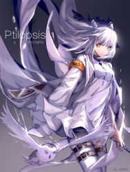 Rule 34 | 1girl, arknights, armband, artist name, bird, character name, coat, copyright name, cowboy shot, dress, elite ii (arknights), flying animal, gradient background, holding, holding staff, looking at another, owl, ptilopsis (arknights), ptilopsis (elite ii) (arknights), shorts, solo, staff, white background, white coat, white dress, white hair, yusan