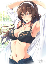 Rule 34 | 1girl, armpits, arms behind head, arms up, ashigara (kancolle), black bra, bra, breasts, brown eyes, brown hair, cleavage, kanden sky, kantai collection, large breasts, long hair, looking at viewer, medium breasts, navel, open clothes, open shirt, parted lips, see-through, shorts, signature, smile, solo, underwear