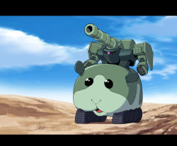 Rule 34 | blue sky, cannon, cloud, commentary request, day, desert, fusion, g.yamamoto, gundam, gundam ms igloo, hildolfr, letterboxed, molcar, no humans, outdoors, pui pui molcar, riding, robot, rock, sky