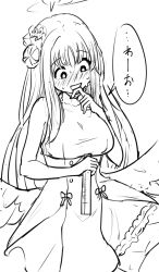 Rule 34 | 1girl, :d, absurdres, angel wings, blue archive, blunt bangs, blush, commentary request, embarrassed, feathered wings, flower, full-face blush, gogogo (gogogorx), greyscale, hair bun, hair flower, hair ornament, hair scrunchie, halo, highres, holding ruler, long hair, mika (blue archive), monochrome, nervous sweating, open mouth, scrunchie, sidelocks, simple background, single side bun, sketch, smile, solo, speech bubble, sweat, translation request, wings