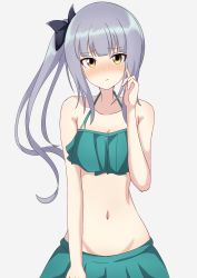 Rule 34 | 1girl, :t, absurdres, bikini, bikini skirt, blush, breasts, collarbone, cowboy shot, gradient background, green bikini, grey background, grey hair, highres, kantai collection, kasumi (kancolle), long hair, motti (motthi0711), official alternate costume, side ponytail, small breasts, solo, swimsuit, yellow eyes