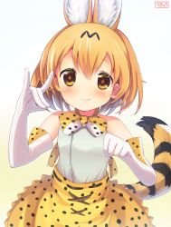 Rule 34 | 10s, 1girl, animal ear fluff, animal ears, artist name, bare shoulders, blonde hair, blush, bow, bowtie, brown eyes, cat ears, cat tail, elbow gloves, fang, fang out, fox shadow puppet, gloves, gradient background, high-waist skirt, highres, kemono friends, looking at viewer, m/, print bow, print gloves, print skirt, serval (kemono friends), serval print, serval tail, shinonome ukyu, short hair, simple background, skirt, sleeveless, smile, solo, tail, white gloves