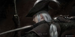 Rule 34 | 1girl, artist name, bloodborne, bow, brown gloves, dark background, dual wielding, eyelashes, from behind, gloves, hair bow, hat, highres, holding, lady maria of the astral clocktower, lips, looking at viewer, looking back, low ponytail, patreon username, ponytail, realistic, silver hair, solo, sword, the old hunters, tricorne, upper body, watermark, weapon, web address, wlop
