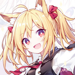 Rule 34 | 1girl, :d, ahoge, animal ears, arknights, blonde hair, hair ribbon, long hair, looking at viewer, open mouth, portrait, quan (kurisu tina), red eyes, ribbon, shirt, smile, solo, sora (arknights), twintails, upper body, vest, white shirt, wolf ears