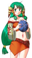 Rule 34 | 1girl, blush, breasts, closed mouth, feena (grandia), grandia, grandia i, green eyes, green hair, hair tubes, hat, jewelry, long hair, looking at viewer, low-tied long hair, midriff, motomiya ryou, navel, necklace, simple background, skirt, smile, solo, white background, wide sleeves