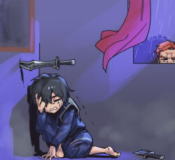 Rule 34 | 2boys, aged down, barefoot, black hair, blue bodysuit, bodysuit, brown hair, character request, child, crying, curtains, indoors, knife, league of legends, looking at another, multiple boys, night, phantom ix row, rain, short hair, talon (league of legends), teeth, tree, trembling, weapon, window