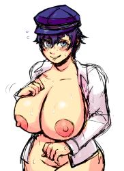 Rule 34 | 1girl, blue eyes, blush, bottomless, breast suppress, breasts, cleavage, cowboy shot, curvy, flying sweatdrops, huge breasts, looking at viewer, motion lines, nipples, no bra, notsafeforfruit, open clothes, open shirt, persona, persona 4, purple hair, shirogane naoto, shirt, short hair, simple background, sketch, smile, solo, standing, sweat, white background, wide hips