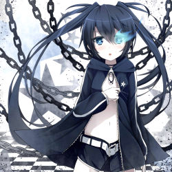 Rule 34 | 10s, 1girl, belt, black hair, black jacket, black rock shooter, black rock shooter (character), black shorts, blue eyes, chain, checkered floor, flaming eyes, jacket, kaieee, long hair, looking at viewer, midriff, navel, open mouth, short shorts, shorts, solo, twintails