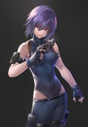 Rule 34 | 1girl, absurdres, arm pouch, armband, bare shoulders, belt, black armband, closed mouth, collarbone, covered collarbone, covered navel, deluxe&lt;&lt;&lt;, finger on trigger, fingerless gloves, ghost in the shell, ghost in the shell: sac 2045, gloves, grey gloves, gun, hair between eyes, handgun, highres, holding, holding gun, holding weapon, kusanagi motoko, leotard, leotard under clothes, lowleg, lowleg pants, pants, pistol, pouch, purple eyes, purple hair, see-through, short hair, solo, thigh pouch, thigh strap, turtleneck, weapon