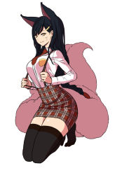 Rule 34 | 1girl, ahri (league of legends), alternate costume, animal ears, black hair, black thighhighs, checkered clothes, checkered skirt, facial mark, fang, fox ears, fox tail, full body, hair ornament, hairclip, ieung-isegae, kneeling, league of legends, long hair, long sleeves, multiple tails, pencil skirt, school uniform, shirt, skirt, smile, solo, suspenders, tail, thighhighs, white background, white shirt, yellow eyes, zettai ryouiki