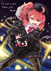 Rule 34 | 1girl, ahoge, candy, commission, food, girls&#039; frontline, gun, h&amp;k mp7, harada (sansei rain), lollipop, machine pistol, mp7 (girls&#039; frontline), open mouth, personal defense weapon, red hair, skeb commission, smile, solo, sparkle, submachine gun, suppressor, weapon, yellow eyes