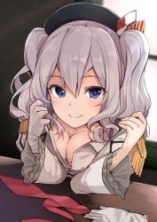 Rule 34 | 10s, 1girl, bad id, bad twitter id, beret, blue eyes, breasts, cleavage, epaulettes, frilled sleeves, frills, gloves, grey eyes, hat, kantai collection, kashima (kancolle), looking at viewer, max melon, military, military uniform, sidelocks, silver hair, single glove, smile, solo, tsurime, twintails, uniform, wavy hair, white gloves