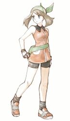 Rule 34 | 1girl, arm at side, asuka rkgk, bandana, bare arms, bare legs, bare shoulders, bike shorts, black socks, blue eyes, breasts, brown hair, collared shirt, creatures (company), eyebrows hidden by hair, fanny pack, full body, game freak, gloves, green bag, green bandana, grey eyes, holding, knees, looking back, looking to the side, may (pokemon), medium breasts, neck, nintendo, orange shirt, parted lips, pokemon, pokemon emerald, pokemon rse, serious, shirt, shoes, short hair, simple background, sleeveless, sleeveless shirt, sneakers, socks, solo, standing, white background, white gloves