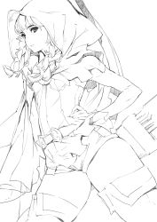 Rule 34 | 1girl, belt, belt buckle, blunt bangs, braid, buckle, dragon&#039;s crown, elf, elf (dragon&#039;s crown), greyscale, hand on own hip, highres, hip focus, hood, houden eizou, lineart, monochrome, pointy ears, simple background, solo, standing, thighhighs, twin braids, white background, zettai ryouiki