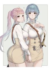 Rule 34 | 2girls, alternate costume, ass, blue hair, braid, breasts, brown eyes, closed mouth, crown braid, female focus, fire emblem, fire emblem: three houses, from side, garreg mach monastery uniform, grey background, highres, hilda valentine goneril, holding hands, large breasts, long hair, long sleeves, looking to the side, marianne von edmund, matching hair/eyes, multiple girls, n2ewu, nintendo, official alternate costume, parted lips, pink eyes, pink hair, scabbard, sheath, sheathed, simple background, sword, thighs, twintails, uniform, weapon, yuri