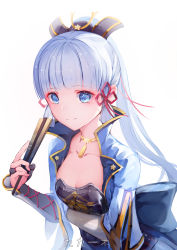 Rule 34 | 1girl, absurdres, ayaka (genshin impact), back bow, blue bow, blue eyes, blunt bangs, bow, breasts, bridal gauntlets, cleavage, closed mouth, collarbone, floating hair, genshin impact, hair ornament, hair ribbon, hand fan, highres, holding, holding fan, jewelry, long hair, long sleeves, medium breasts, mole, mole under eye, pendant, ponytail, rafael-m, red ribbon, ribbon, silver hair, simple background, smile, solo, upper body, white background
