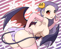 Rule 34 | 1girl, :p, ass, azumakuro, blush, breasts, demon girl, demon tail, demon wings, elbow gloves, from behind, gloves, hair ornament, hand on own hip, hip focus, large breasts, long hair, looking back, original, panties, pink thighhighs, purple hair, purple panties, red eyes, solo, striped clothes, striped panties, tail, tail censor, thighhighs, tongue, tongue out, topless, underwear, white panties, wings