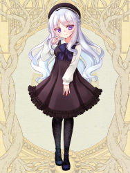 Rule 34 | 1girl, beret, black hat, black pantyhose, blush, bow, breasts, brown dress, character request, closed mouth, copyright request, dairoku ryouhei, dress, frilled dress, frills, full body, hat, head tilt, long hair, long sleeves, looking at viewer, mirai (happy-floral), official art, pantyhose, pleated dress, purple bow, purple eyes, purple footwear, shirt, shoes, silver hair, sleeveless, sleeveless dress, sleeves past wrists, small breasts, smile, solo, standing, very long hair, white shirt