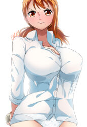 Rule 34 | 1girl, absurdres, artist name, blush, breasts, brown eyes, cleavage, collarbone, highres, huge breasts, le reef, looking at viewer, nami (one piece), one piece, orange hair, panties, shirt, short twintails, simple background, sleeves rolled up, thighs, twintails, underwear, white background, white panties, white shirt