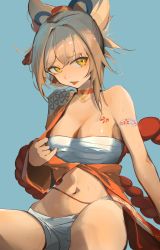 Rule 34 | 1girl, :p, arm tattoo, bad id, bad pixiv id, bandages, bandeau, bare shoulders, blonde hair, blue background, breast tattoo, breasts, chest sarashi, chest tattoo, choker, cleavage, collarbone, commentary request, eyyy, genshin impact, hair between eyes, hair ornament, highres, japanese clothes, kimono, looking at viewer, medium breasts, medium hair, navel, open mouth, orange choker, orange kimono, sarashi, shorts, sidelocks, simple background, sitting, solo, stomach, strapless, sweat, tattoo, tongue, tongue out, tube top, undressing, yellow eyes, yoimiya (genshin impact)