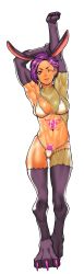 Rule 34 | 1girl, abs, animal ears, armpits, arms up, biceps, bikini, borrowed character, breasts, cessa, colored skin, full body, green skin, highres, large breasts, looking at viewer, multicolored skin, muscular, muscular female, navel, one eye closed, original, parted lips, purple eyes, purple hair, rabbit ears, short hair, simple background, solo, standing, stitches, swimsuit, two-tone skin, white background, white bikini
