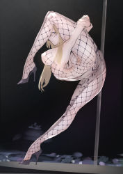 Rule 34 | 1girl, arched back, arms behind back, backbend, black footwear, blue eyes, bodystocking, bodysuit, breasts, contortion, fishnet bodysuit, fishnets, flexible, folded, from side, high heels, highres, large breasts, legs, legs over head, light brown hair, long hair, long legs, looking at viewer, nipples, original, plantar flexion, pole, pole dancing, red eyes, solo, standing, standing on one leg, stiletto heels, stripper pole, zemzeq