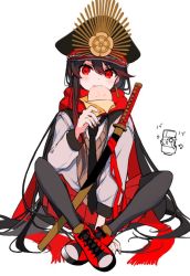 Rule 34 | 1girl, baozi, black hair, black necktie, black pantyhose, commentary request, eating, fate/grand order, fate (series), food, full body, hat, indian style, jacket, katana, long hair, long sleeves, looking at viewer, nail polish, necktie, oda nobunaga (fate), oda uri, pantyhose, peaked cap, pink nails, red eyes, red footwear, red scarf, red skirt, scarf, shoes, simple background, sitting, skirt, sneakers, solo, sweater vest, sword, very long hair, weapon, white background, yui (tamagohan)
