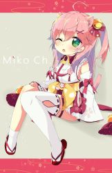 Rule 34 | 1girl, ahoge, animal ears, bell, breasts, bridal garter, cat ears, cherry blossom print, detached sleeves, floral print, full body, green eyes, hair bell, hair ornament, hairclip, highres, hololive, long hair, one eye closed, one side up, paw print, paw print pattern, pink hair, sakura miko, sakura miko (1st costume), sandals, single sock, single thighhigh, sitting, socks, solo, thighhighs, torinannkotsukushi, virtual youtuber, white socks, youtube username
