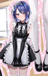 Rule 34 | 1girl, apron, black dress, black eyes, black gloves, blue hair, blurry, blurry background, blush, chigusa minori, closed mouth, commentary request, dress, elbow gloves, frilled apron, frills, gloves, hair between eyes, hair ornament, hairclip, highres, himeno akira, indoors, jitsuha imouto deshita., looking at viewer, maid headdress, official art, outline, pink outline, second-party source, short hair, skindentation, sleeveless, sleeveless dress, solo, thighhighs, white apron, white thighhighs, zettai ryouiki