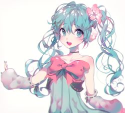 Rule 34 | 1girl, aqua eyes, aqua hair, bare shoulders, bow, bowtie, choker, collarbone, colorful x melody (vocaloid), detached sleeves, flower, hair flower, hair ornament, hatsune miku, long hair, looking at viewer, nail polish, open mouth, project diva (series), project diva 2nd, ribbon trim, smile, solo, teeth, twintails, vivinos, vocaloid, wavy hair