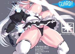 Rule 34 | 1girl, absurdres, breasts, convenient censoring, defeat, gun, handgun, highres, large breasts, light censor, maid, maid headdress, minami aomori, pistol, silver hair, solo, thighhighs, tongue, tongue out, torn clothes, twintails, unaligned breasts, weapon
