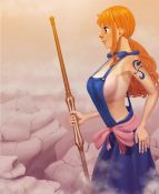 Rule 34 | 1girl, animated, bare arms, bare shoulders, blue dress, bouncing breasts, bow, breast slip, breasts, coin, dress, from side, gold, hand on own hip, highres, holding, holding staff, large breasts, leaning forward, looking down, nami (one piece), nipples, one piece, orange hair, pink bow, ponytail, rubble, sideboob, sidelocks, solo, soumakyo, staff, standing, suspenders, tagme, tan, tanline, tattoo, video