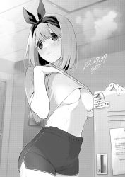 Rule 34 | 1girl, blush, breasts, cleavage, collarbone, frown, go-toubun no hanayome, greyscale, hand on own chest, highres, indoors, kckcdkkn, large breasts, locker, locker room, looking to the side, md5 mismatch, monochrome, nakano yotsuba, shirt, short hair, shorts, signature, solo, sticky note