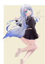 Rule 34 | 1girl, absurdres, airborne, ass, barefoot, black skirt, blue eyes, blue hair, blush, chinese commentary, clenched hand, dated, doris (hololive), fins, gradient hair, head fins, highres, hololive, hololive china, long hair, looking back, multicolored hair, pointing, pointing at self, qinxinqinxinqin, sailor collar, school uniform, serafuku, silver hair, skirt, smile, soles, solo, very long hair, virtual youtuber