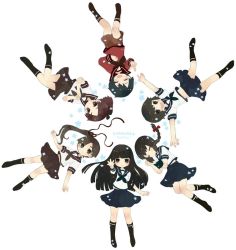 Rule 34 | 10s, 6+girls, :d, :o, ^ ^, ayanami (kancolle), black eyes, black hair, black socks, blunt bangs, braid, brown eyes, brown hair, circle formation, closed eyes, hair ribbon, hatsuyuki (kancolle), isonami (kancolle), kantai collection, kneehighs, long hair, long sleeves, looking at viewer, lying, md5 mismatch, miyuki (kancolle), mogami (kancolle), multiple girls, neckerchief, no shoes, open mouth, outstretched arms, own hands together, ponytail, resized, ribbon, school uniform, serafuku, shikinami (kancolle), short hair, short sleeves, shorts, side ponytail, skirt, smile, socks, star (symbol), sumisu (rinsumi), white background