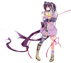 Rule 34 | 1girl, absurdres, asymmetrical footwear, asymmetrical legwear, black hair, black hairband, black ribbon, brown eyes, collarbone, dress, full body, hairband, highres, long hair, mismatched footwear, original, pantyhose, purple dress, red ribbon, ribbon, side ponytail, solo, spirtie, striped clothes, striped legwear, striped pantyhose, uneven legwear