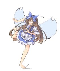 Rule 34 | 1girl, apron, bare legs, barefoot, blue bow, blue dress, blunt bangs, bow, brown hair, dress, flying sweatdrops, frilled dress, frills, full body, hair bow, hands up, highres, hime cut, leg up, long hair, looking to the side, maid apron, primsla, profile, puffy sleeves, short sleeves, sidelocks, simple background, slipping, solo, standing, standing on one leg, star (symbol), star sapphire, toes, touhou, white background, wings