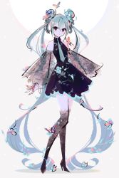 Rule 34 | 1girl, absurdly long hair, black dress, black footwear, blue eyes, blue hair, blue necktie, boots, bug, butterfly, commentary, double bun, dress, full body, hair bun, hatsune miku, highres, insect, long hair, marina (mrn9), miku day, necktie, see-through, see-through sleeves, smile, solo, thigh boots, very long hair, vocaloid, wide sleeves