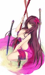 Rule 34 | 1girl, adapted costume, bad id, bad twitter id, bare shoulders, bikini, bracelet, breasts, bridal garter, brown hair, cleavage, closed mouth, collarbone, eyebrows, fate/grand order, fate (series), flower, gae bolg (fate), hair flower, hair ornament, hand up, hibiscus, jewelry, kneeling, large breasts, long hair, looking at viewer, nail polish, navel, partially submerged, planted, planted sword, planted weapon, polearm, purple bikini, purple hair, red eyes, ripples, sarong, scathach (fate), scathach (fate/grand order), scathach (swimsuit assassin) (fate), solo, spear, swimsuit, sword, touzai (poppin phl95), wading, water, weapon